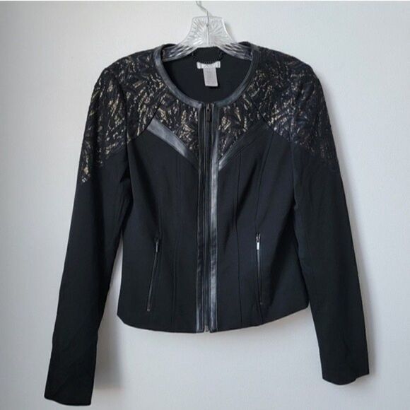 𝅺CACHE Black Gold Faux Leather Trim Jacket Blazer Size 2 Embroidered Lace - Picture 1 of 10